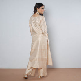 Buy Cream - Tussar Silk Plain Long Straight Kurta for Women
