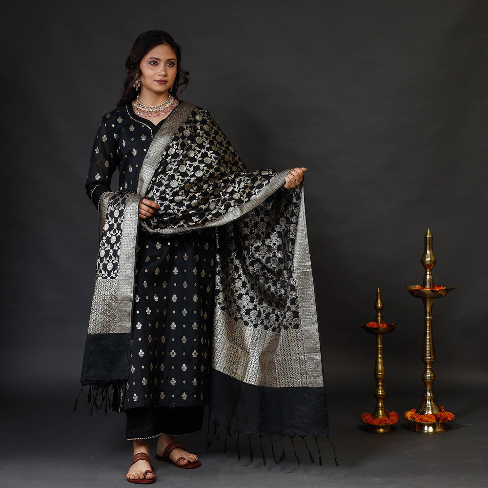 Black Banarasi Silk Zari Work Kurta with Palazzo & Dupatta Set