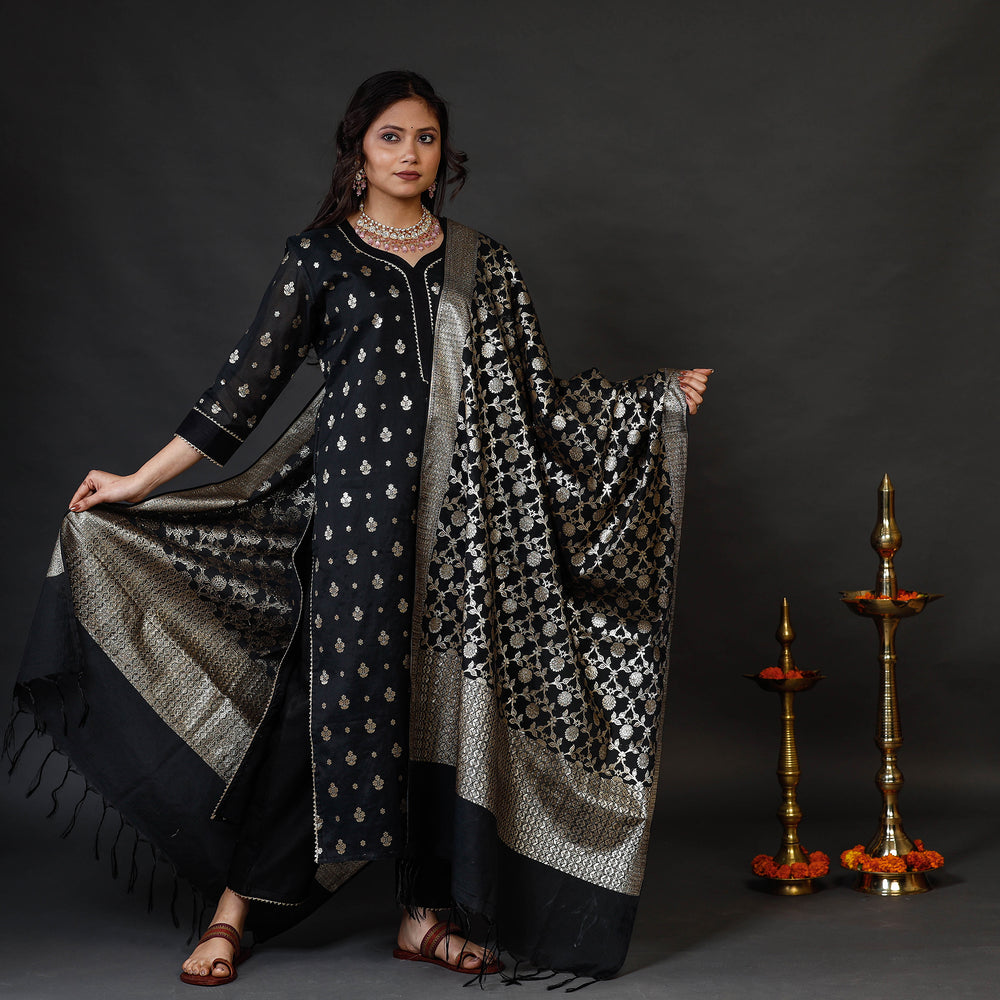 Black Banarasi Silk Zari Work Kurta with Palazzo & Dupatta Set