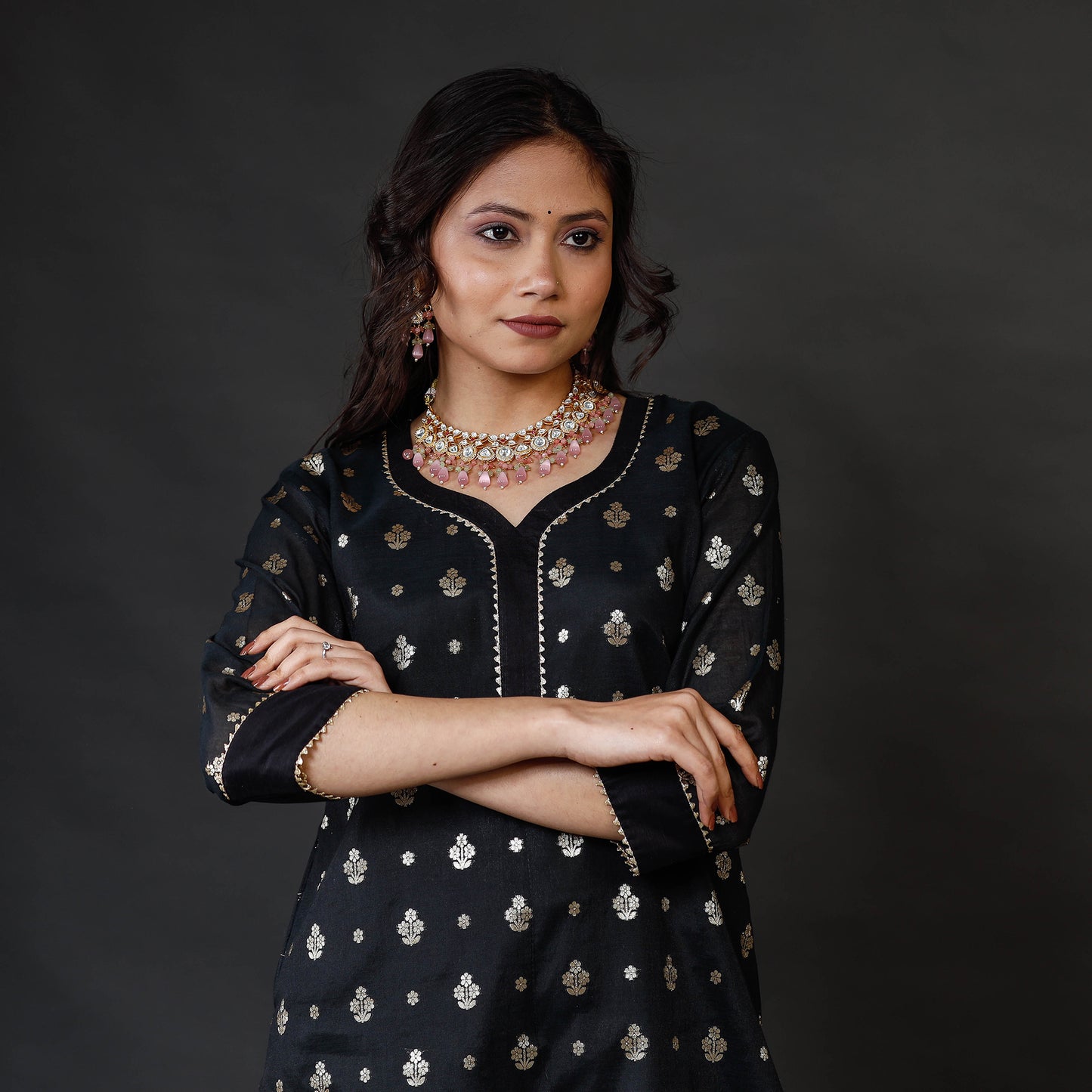 Black Banarasi Silk Zari Work Kurta with Palazzo & Dupatta Set