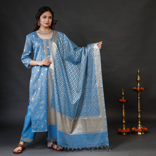 Sky Blue Banarasi Silk Zari Work Kurta with Palazzo & Dupatta Set