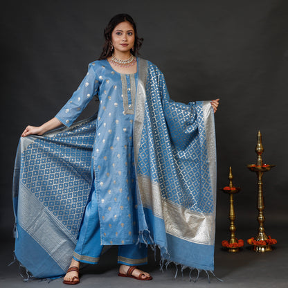 Sky Blue Banarasi Silk Zari Work Kurta with Palazzo & Dupatta Set
