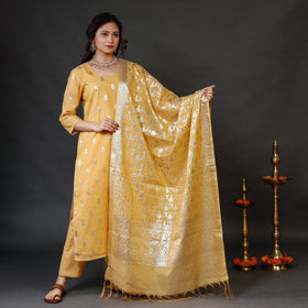 Yellow Banarasi Silk Cotton Kurta with Palazzo & Dupatta Set