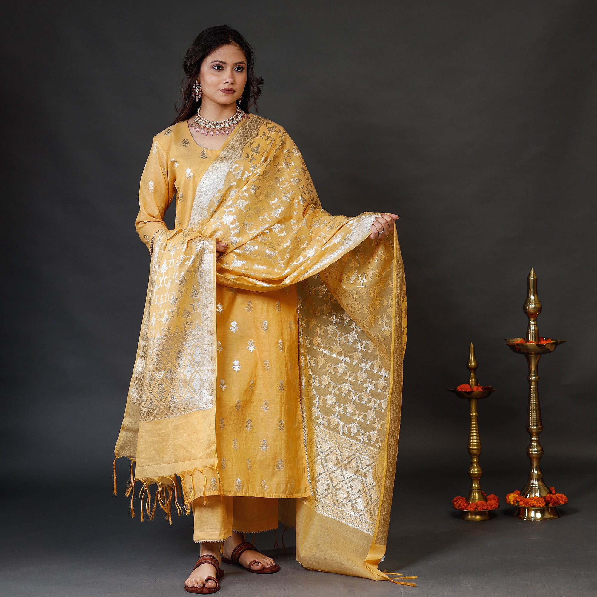 Yellow Banarasi Silk Cotton Kurta with Palazzo & Dupatta Set