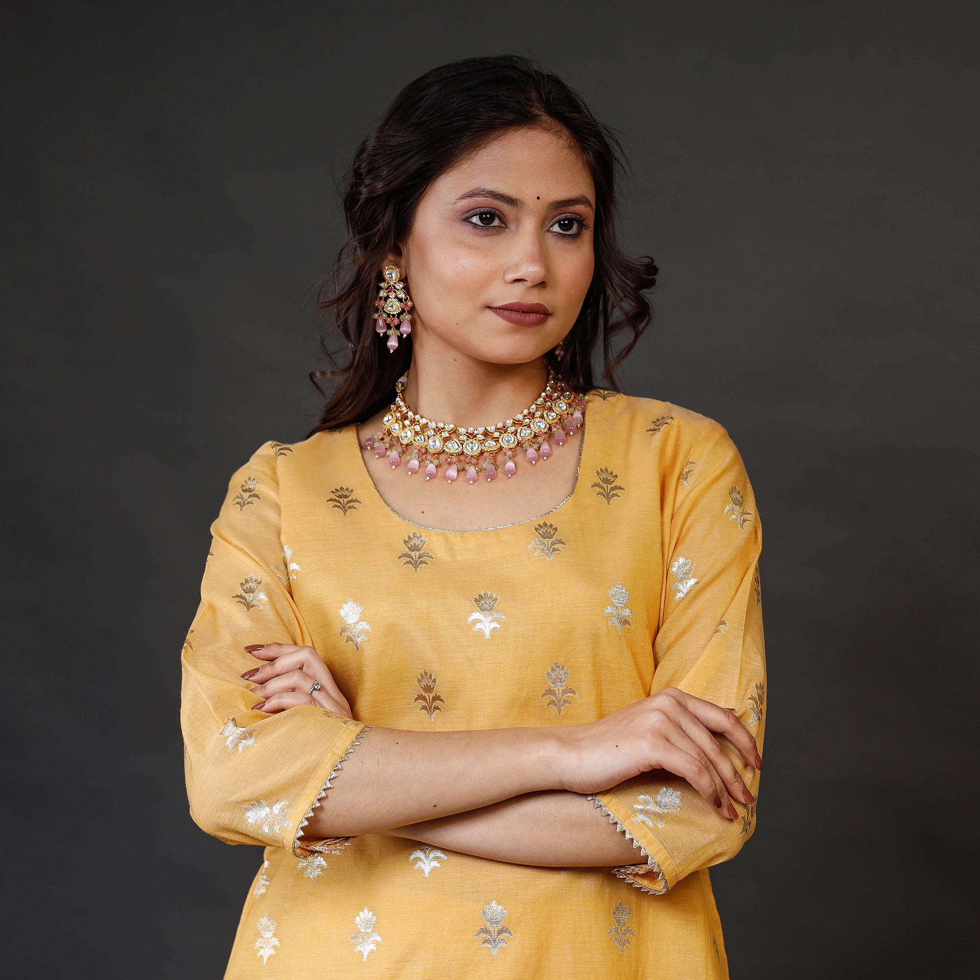 Yellow Banarasi Silk Cotton Kurta with Palazzo & Dupatta Set