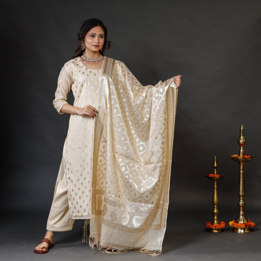 Beige - Cream Banarasi Silk Zari Work Kurta with Palazzo & Dupatta Set