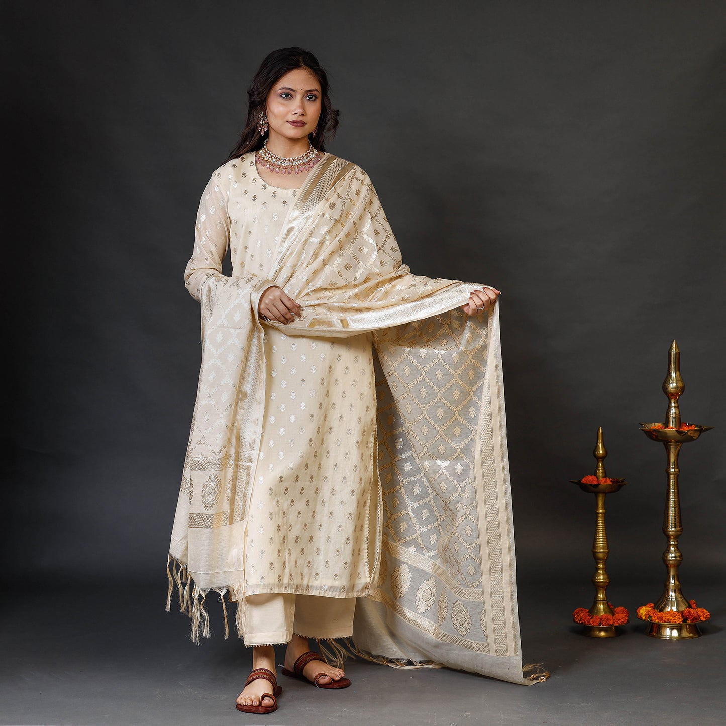 Beige - Cream Banarasi Silk Zari Work Kurta with Palazzo & Dupatta Set