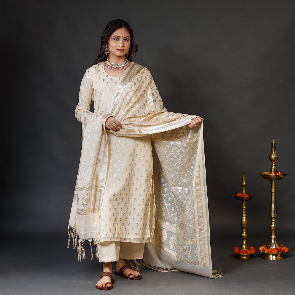 Banarasi Silk Zari Work Kurta with Palazzo & Dupatta Set