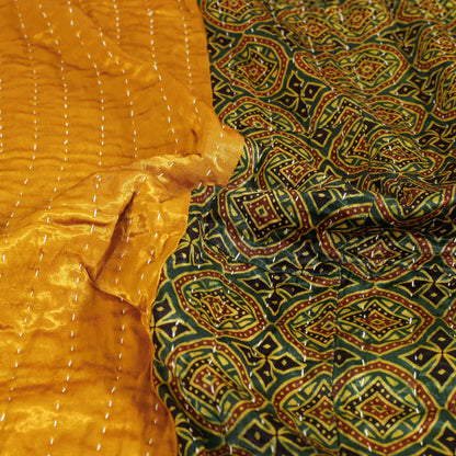 Reversible Ajrakh Patch & Tagai Work Mashru Silk Double Bed Cover / Quilt (102 x 84 in)