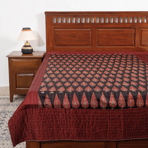 Maroon - Reversible Ajrakh Patch & Tagai Work Mashru Silk Single Bed Cover / Quilt (90 x 59 in)