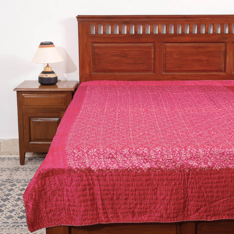 Pink - Reversible Ajrakh Patch & Tagai Work Mashru Silk Single Bed Cover / Quilt (90 x 59 in)