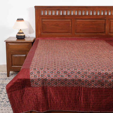 Maroon - Reversible Ajrakh Patch & Tagai Work Mashru Silk Single Bed Cover / Quilt (90 x 59 in)