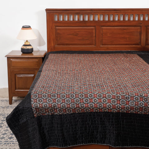 Black - Reversible Ajrakh Patch & Tagai Work Mashru Silk Single Bed Cover / Quilt (90 x 59 in)