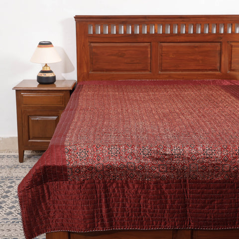 Maroon - Reversible Ajrakh Patch & Tagai Work Mashru Silk Single Bed Cover / Quilt (90 x 59 in)