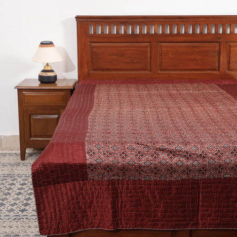 Brown - Reversible Ajrakh Patch & Tagai Work Mashru Silk Single Bed Cover / Quilt (90 x 59 in)