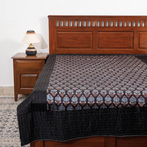 Black - Reversible Ajrakh Patch & Tagai Work Mashru Silk Single Bed Cover / Quilt (90 x 59 in)