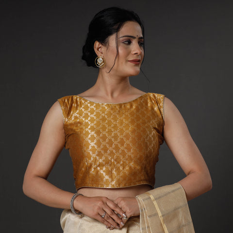 Brown - Mustard Yellow Banarasi Silk Zari Weave Stitched Blouse