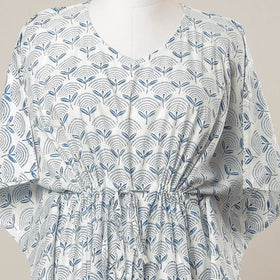 White - Sanganeri Printed Cotton Kaftan with Tie-Up Waist (Medium)