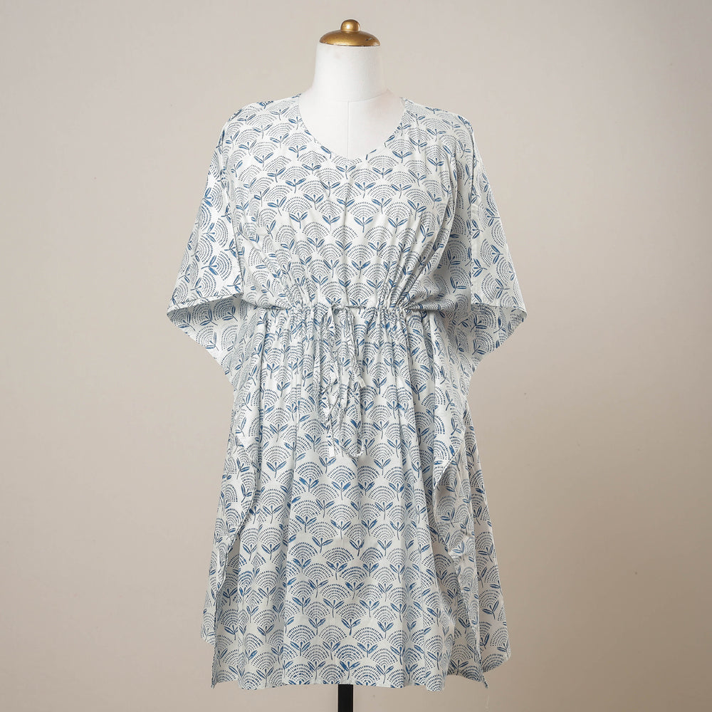 White - Sanganeri Printed Cotton Kaftan with Tie-Up Waist (Medium)