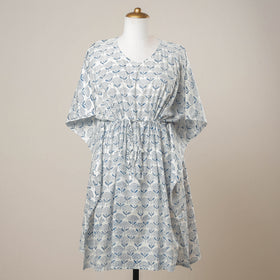 White - Sanganeri Printed Cotton Kaftan with Tie-Up Waist (Medium)
