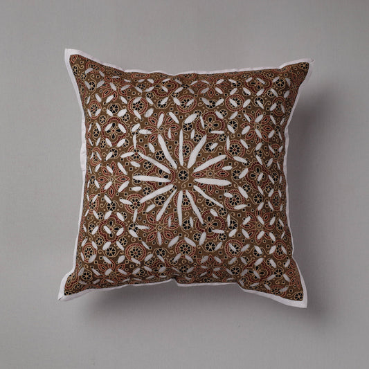Brown - Applique Cutwork Cotton Cushion Cover (16 x 16 in)