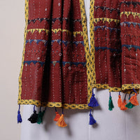 Brown - Kutch Tagai Work Ajrakh Border Cotton Stole with Tassels