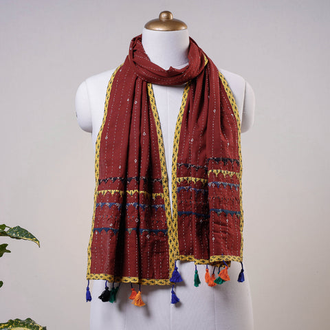 Brown - Kutch Tagai Work Ajrakh Border Cotton Stole with Tassels