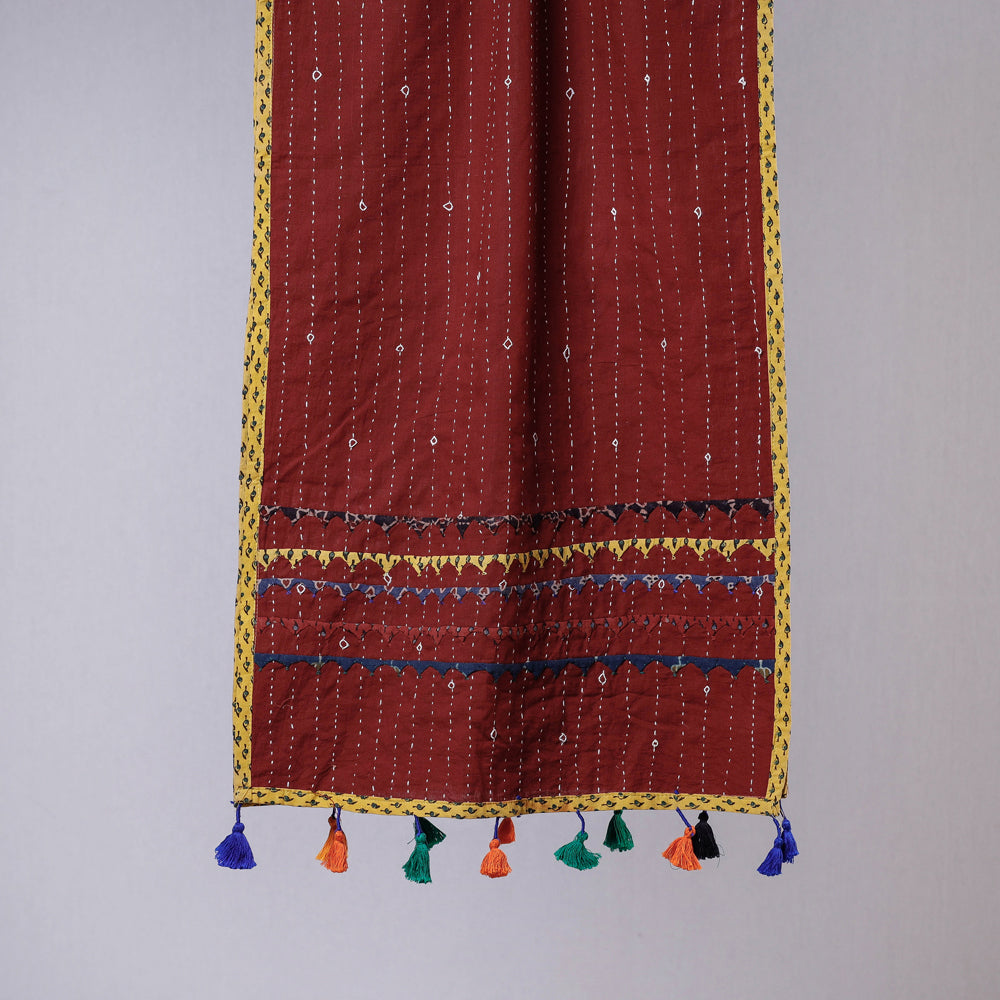 Brown - Kutch Tagai Work Ajrakh Border Cotton Stole with Tassels