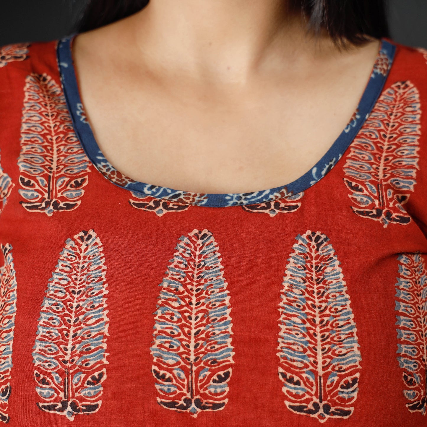 Red - Indigo Ajrakh Block Printed Cotton Long Straight Kurta