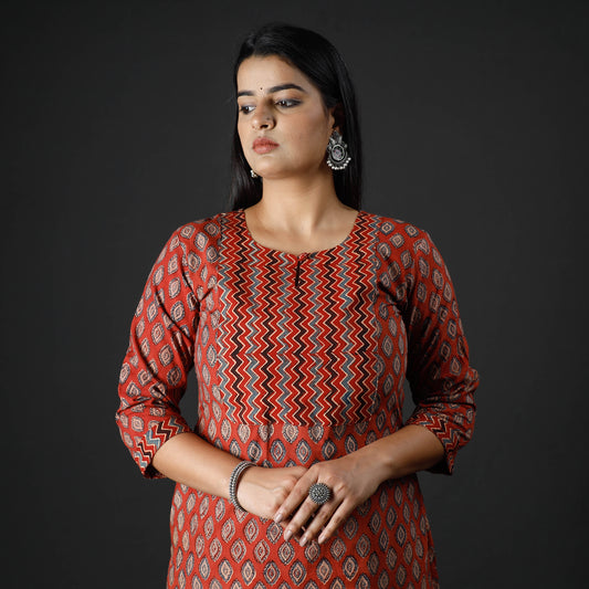 Red Indigo Ajrakh Block Printing Cotton Long Kurta