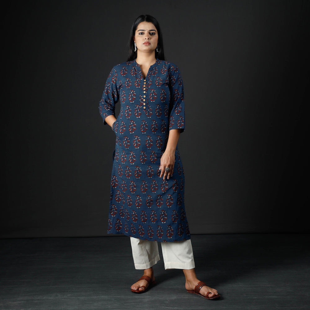 Blue - Ajrakh Block Printing Cotton Long Straight Kurta