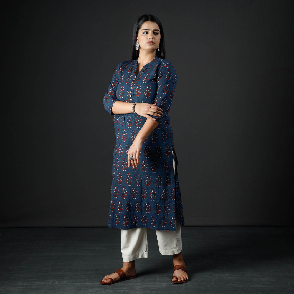 Blue - Ajrakh Block Printing Cotton Long Straight Kurta