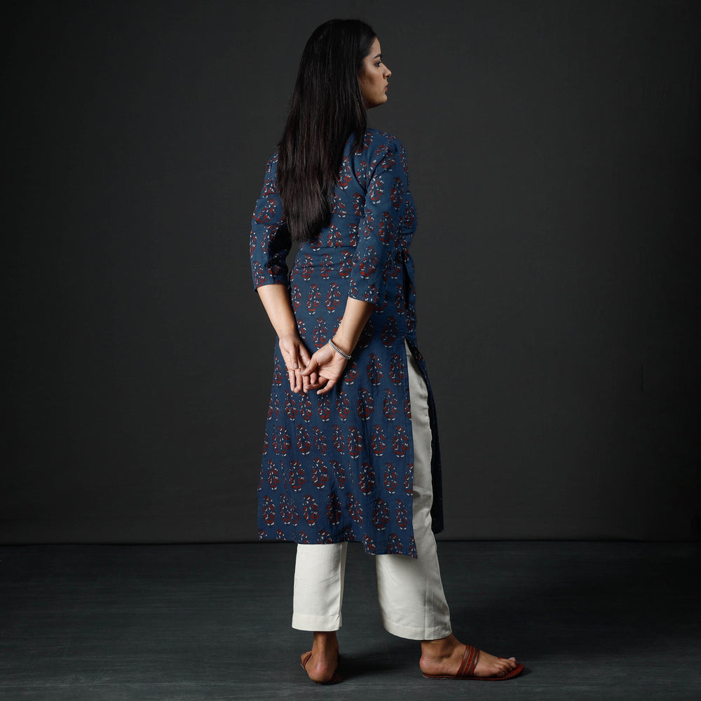 Blue - Ajrakh Block Printing Cotton Long Straight Kurta