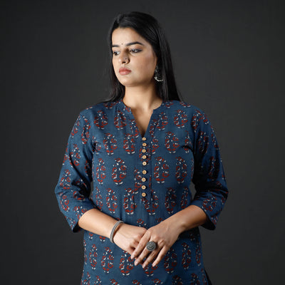 Blue - Ajrakh Block Printing Cotton Long Straight Kurta