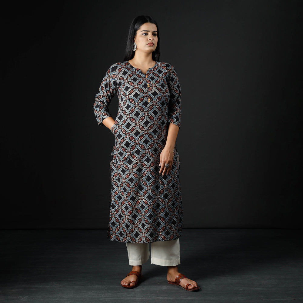 Black - Indigo Ajrakh Block Printing Cotton Long Straight Kurta