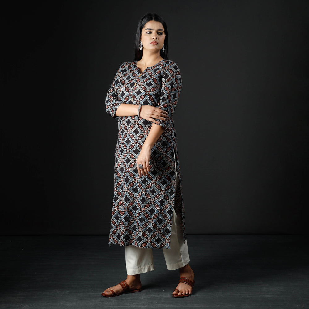 Black - Indigo Ajrakh Block Printing Cotton Long Straight Kurta