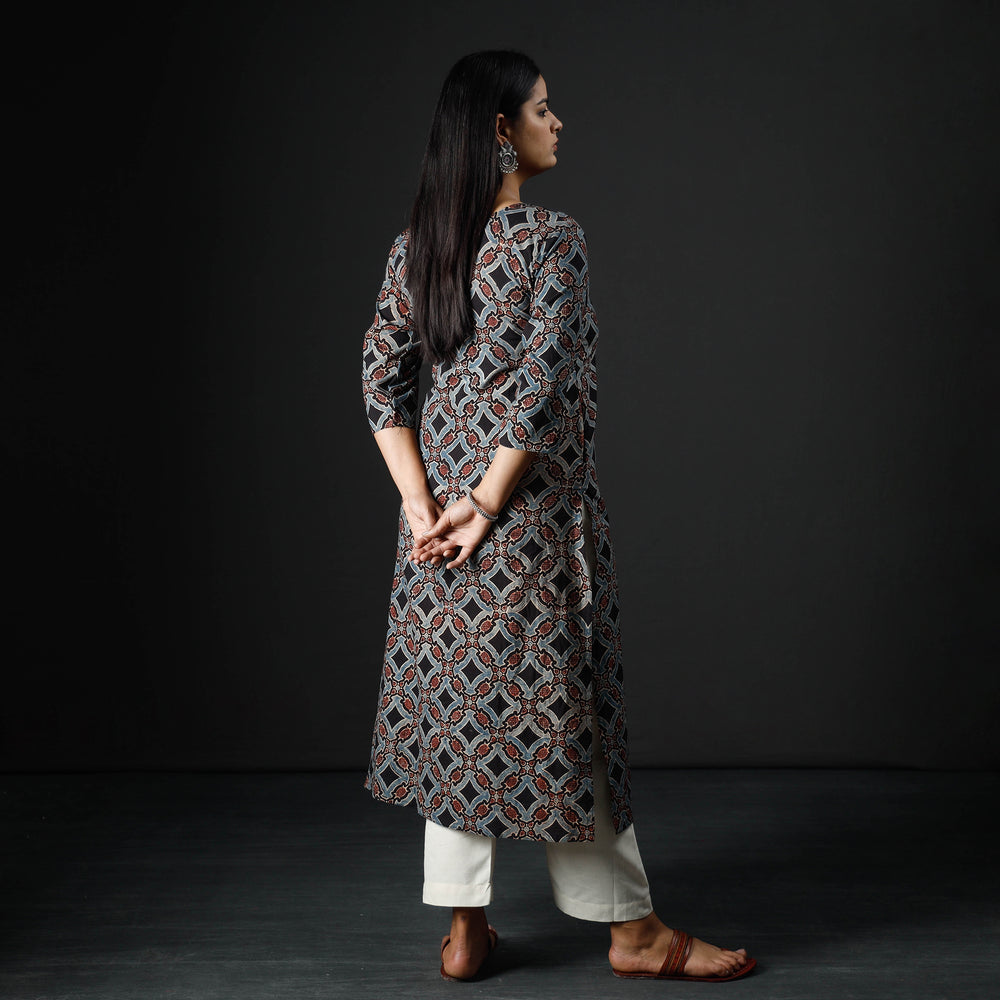 Black - Indigo Ajrakh Block Printing Cotton Long Straight Kurta