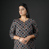 Black - Indigo Ajrakh Block Printing Cotton Long Straight Kurta