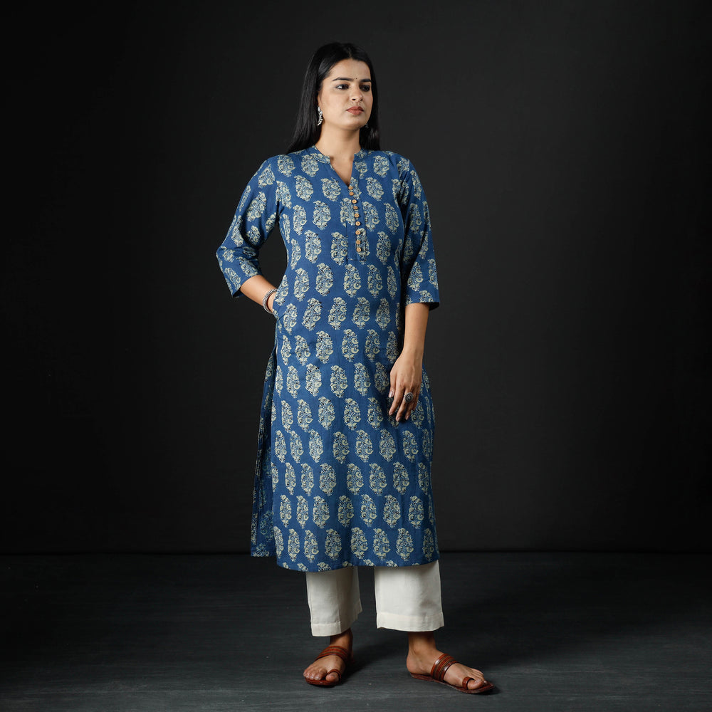 Blue Ajrakh Block Printing Cotton Long Kurta