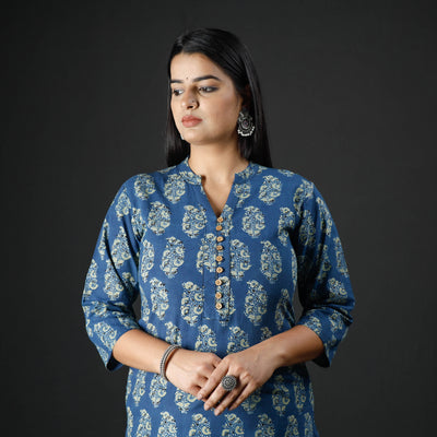 Blue Ajrakh Block Printing Cotton Long Kurta