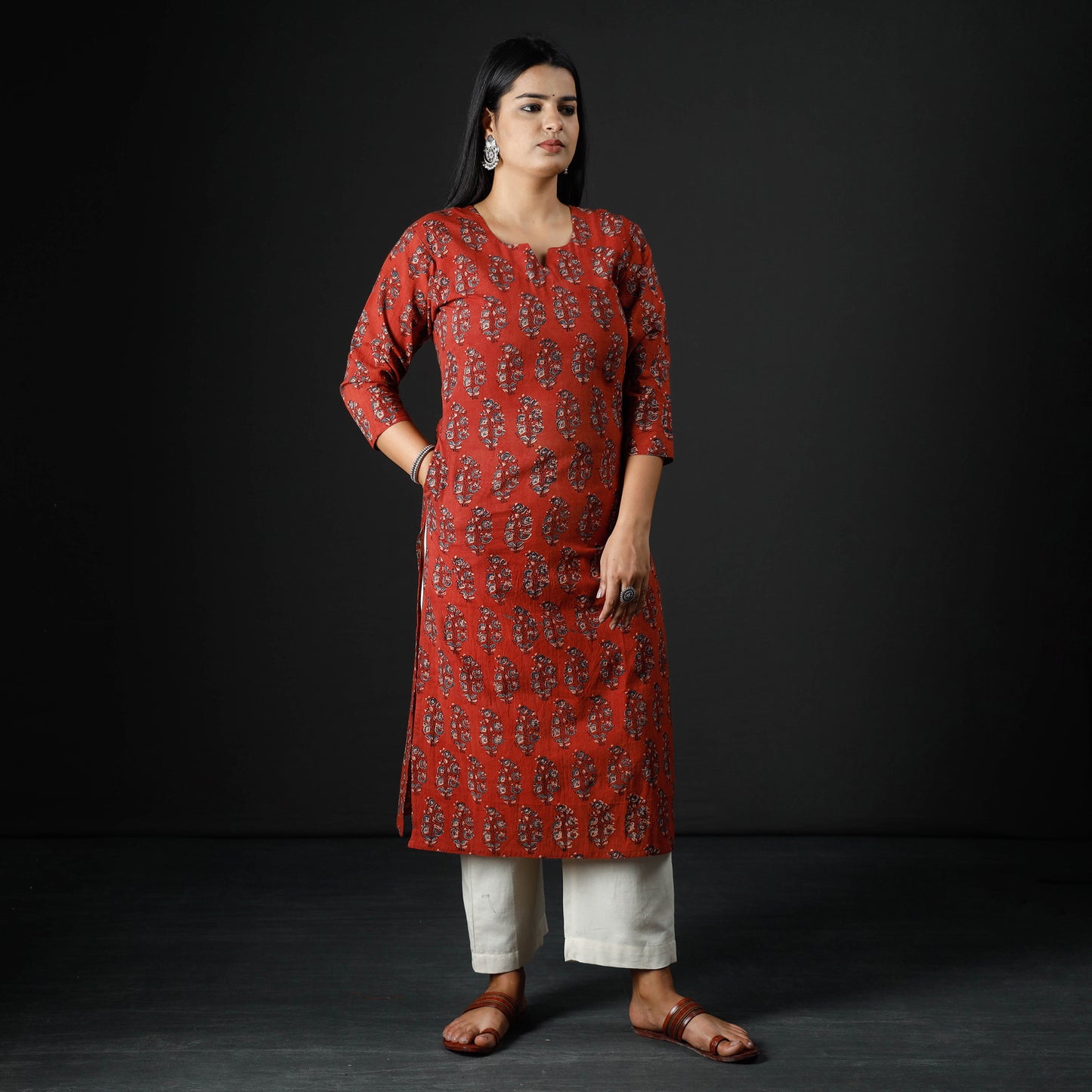 Red - Indigo Ajrakh Block Printing Cotton Long Straight Kurta