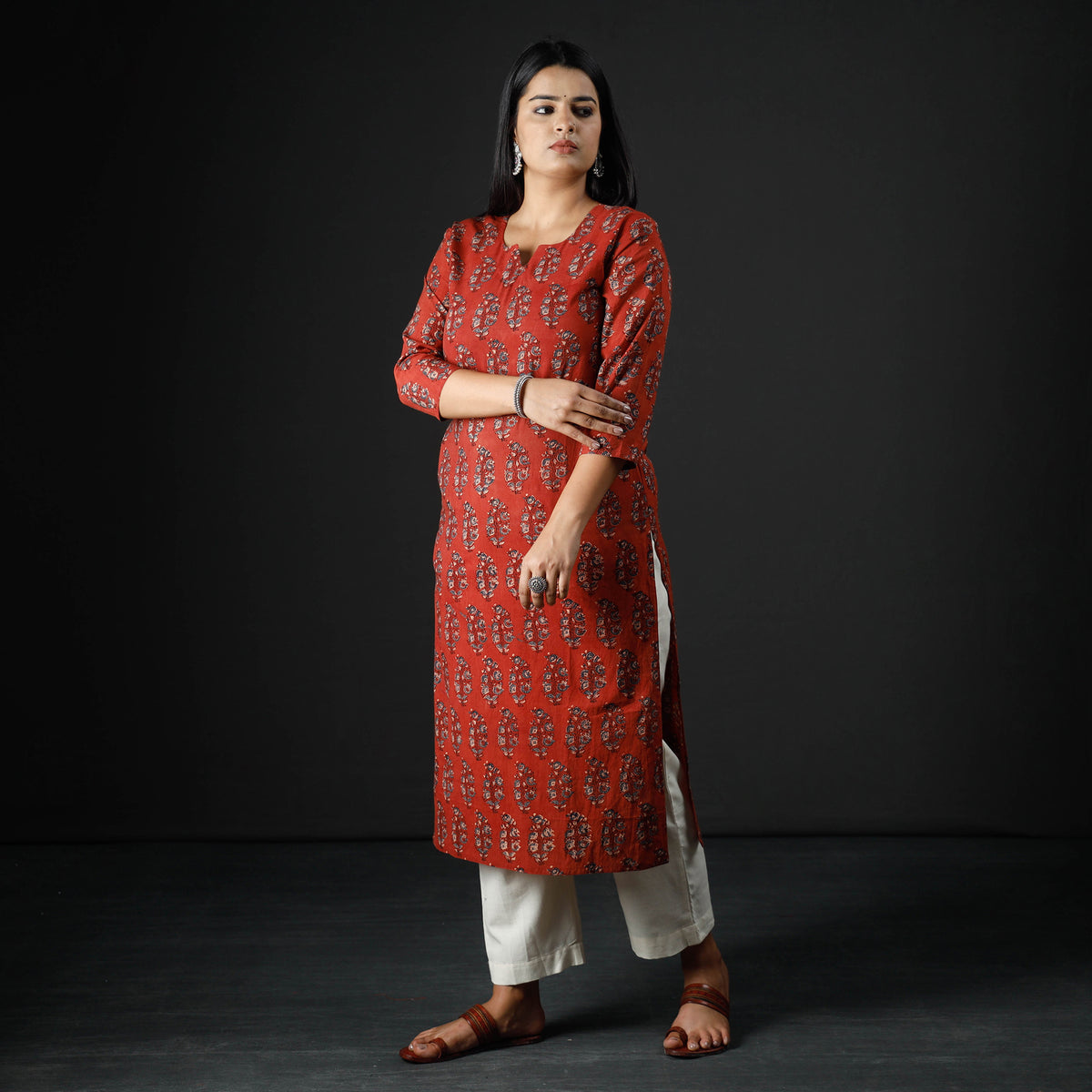 Red - Indigo Ajrakh Block Printing Cotton Long Straight Kurta