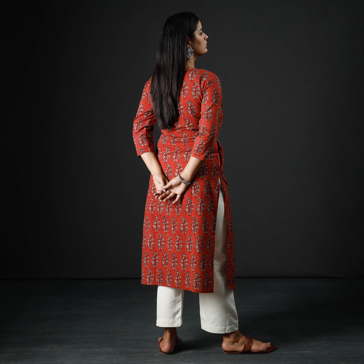 Red - Indigo Ajrakh Block Printing Cotton Long Straight Kurta