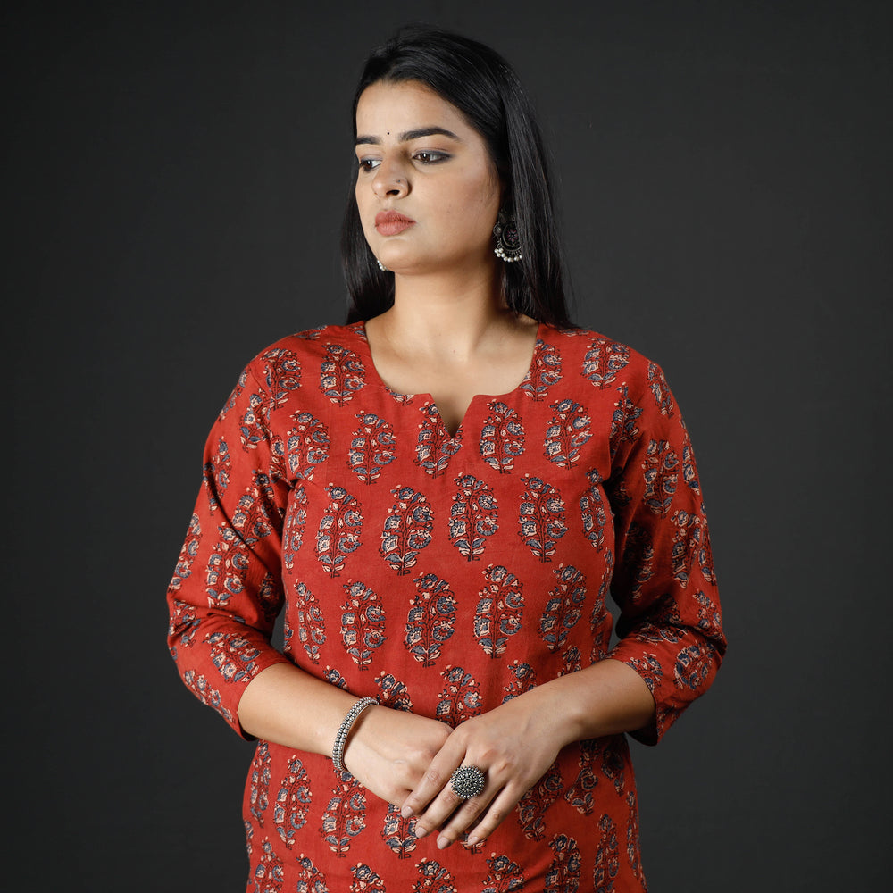 Red - Indigo Ajrakh Block Printing Cotton Long Straight Kurta