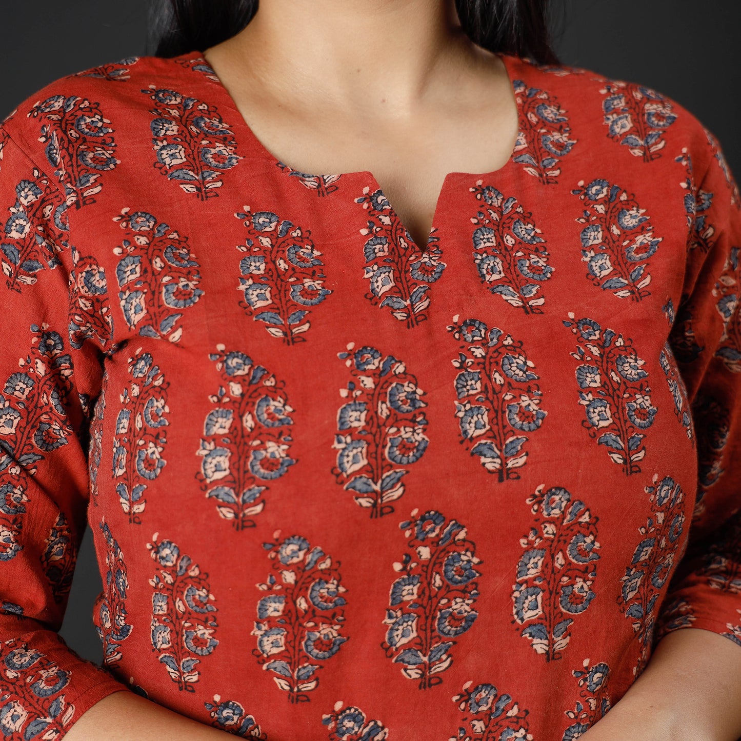 Red - Indigo Ajrakh Block Printing Cotton Long Straight Kurta