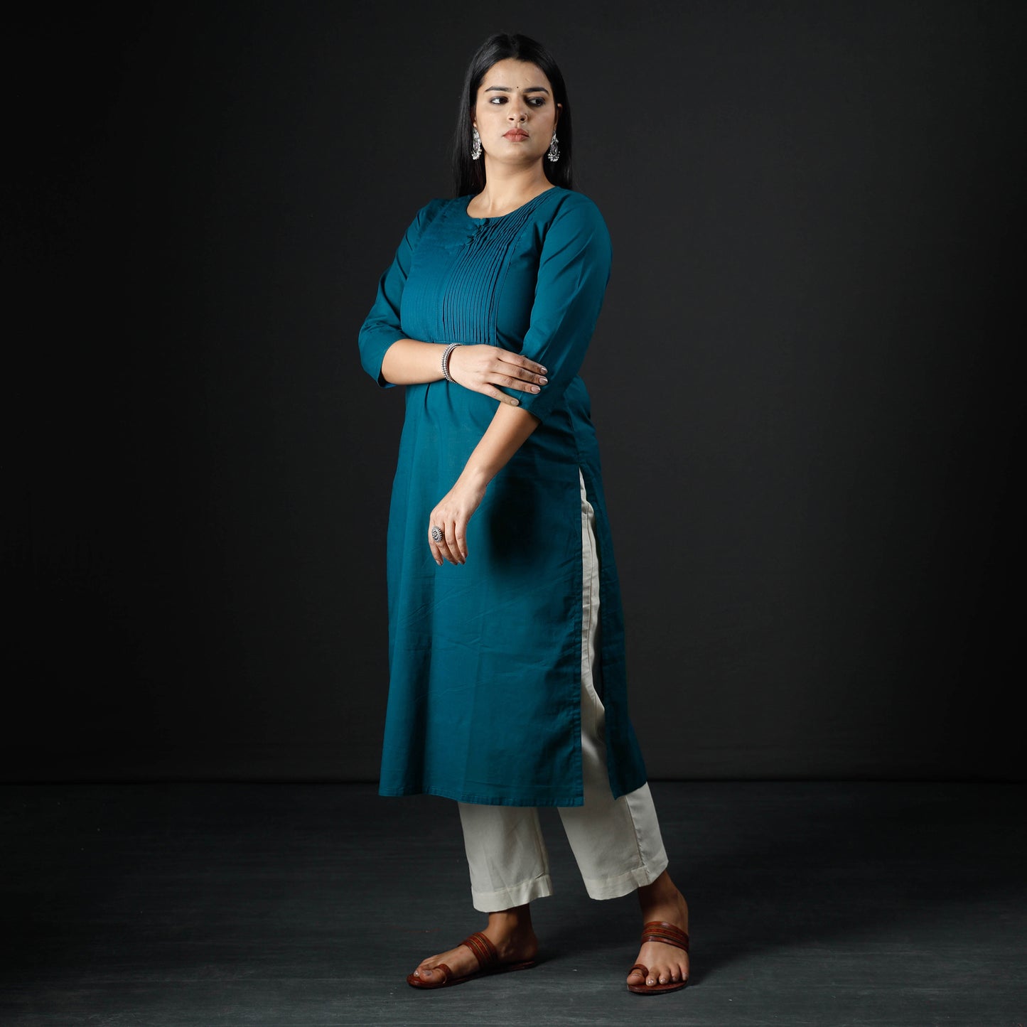 Teal Blue - Plain Cotton Pintuck Long Kurta