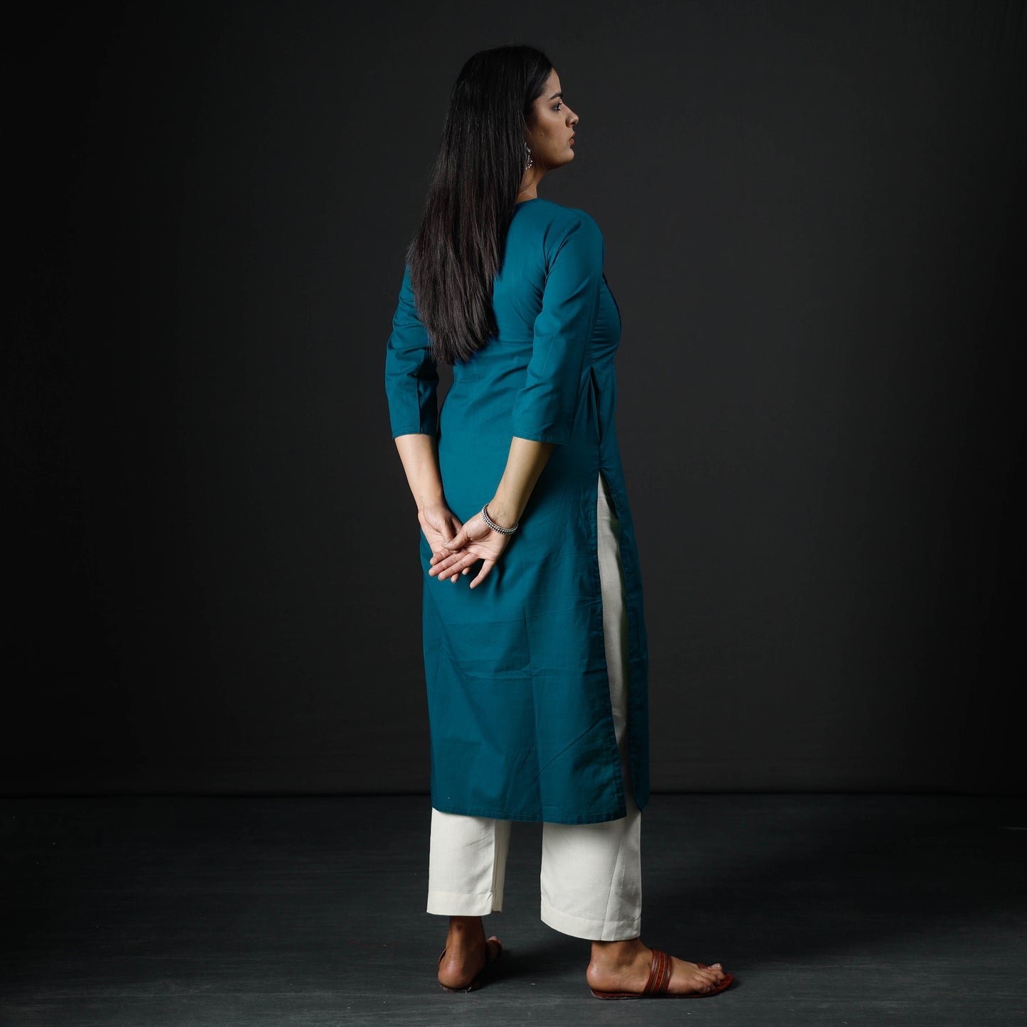 Teal Blue - Plain Cotton Pintuck Long Kurta