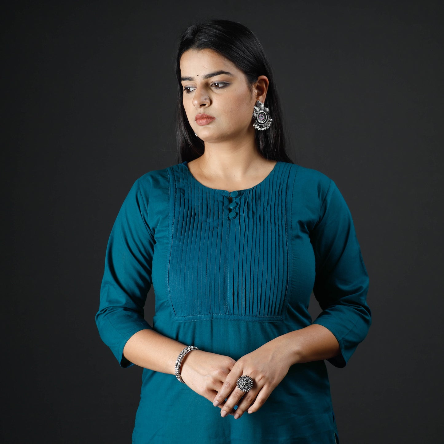 Teal Blue - Plain Cotton Pintuck Long Kurta