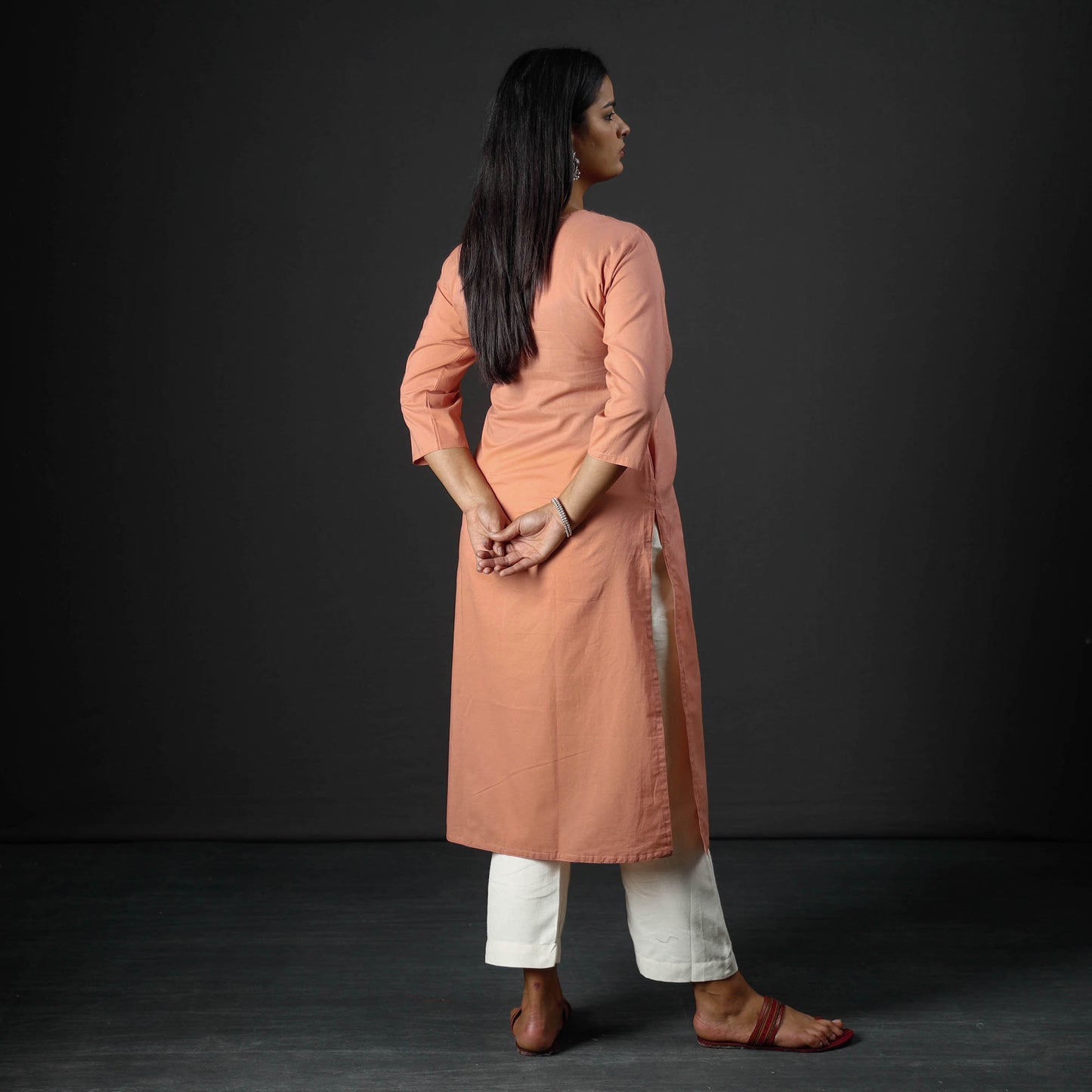 Peach - Plain Cotton Pintuck Long Straight Kurta