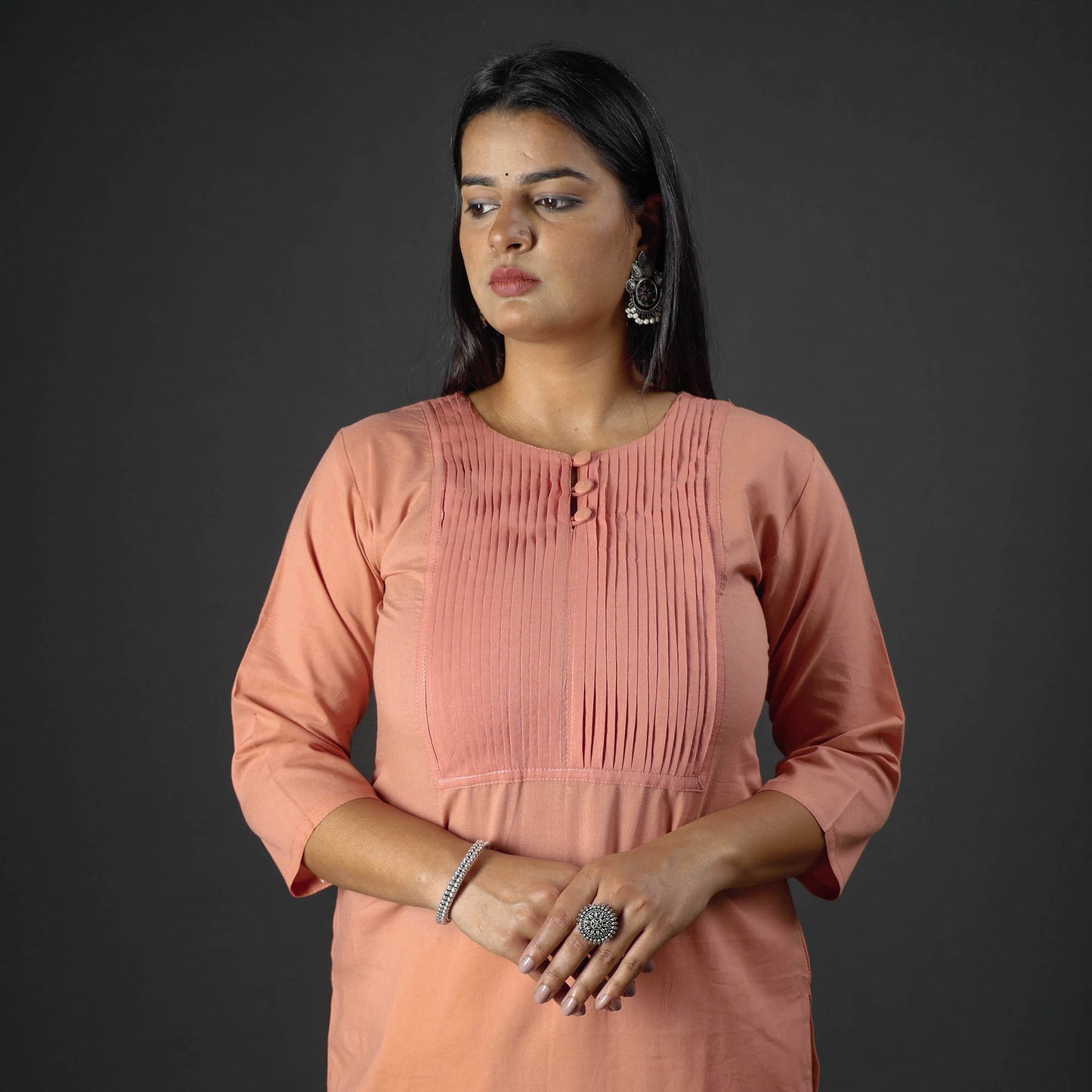 Peach - Plain Cotton Pintuck Long Straight Kurta